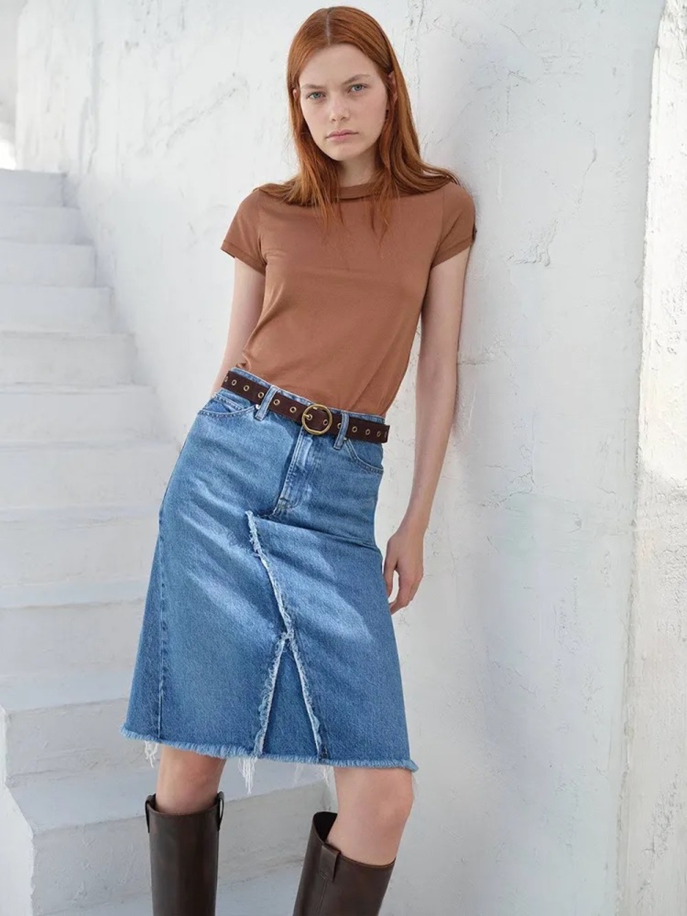 Frame Denim Blue Distressed A-Line Denim Skirt